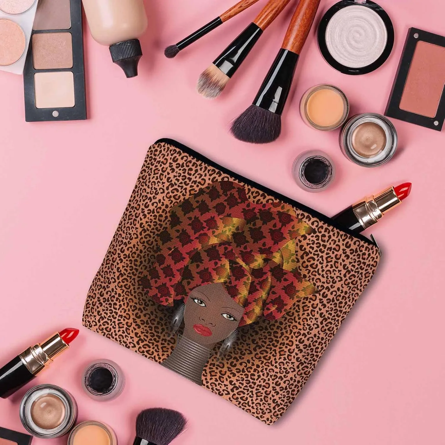 Makeup Bag African Woman, Black African Woman Rose Turban Leopard Print Makeup Bags Travel Cosmetic Bags Toiletry Makeup Organizer Pencil Pouch Cosmetic Bag For Owners Lady Birthday Gifts