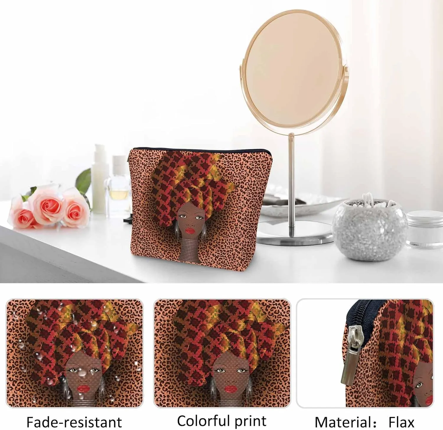 Makeup Bag African Woman, Black African Woman Rose Turban Leopard Print Makeup Bags Travel Cosmetic Bags Toiletry Makeup Organizer Pencil Pouch Cosmetic Bag For Owners Lady Birthday Gifts