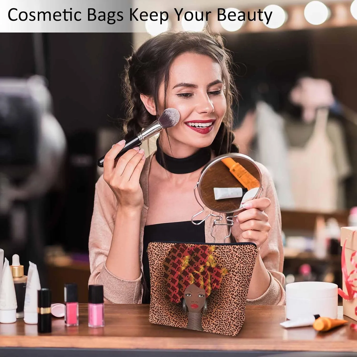 Makeup Bag African Woman, Black African Woman Rose Turban Leopard Print Makeup Bags Travel Cosmetic Bags Toiletry Makeup Organizer Pencil Pouch Cosmetic Bag For Owners Lady Birthday Gifts