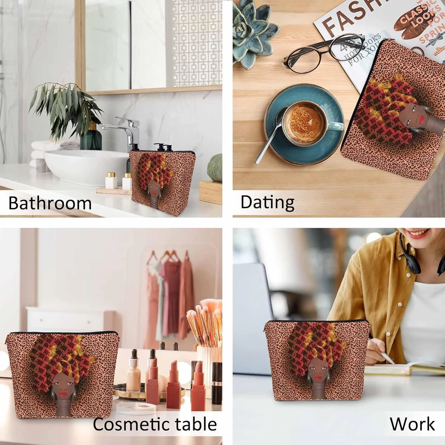 Makeup Bag African Woman, Black African Woman Rose Turban Leopard Print Makeup Bags Travel Cosmetic Bags Toiletry Makeup Organizer Pencil Pouch Cosmetic Bag For Owners Lady Birthday Gifts