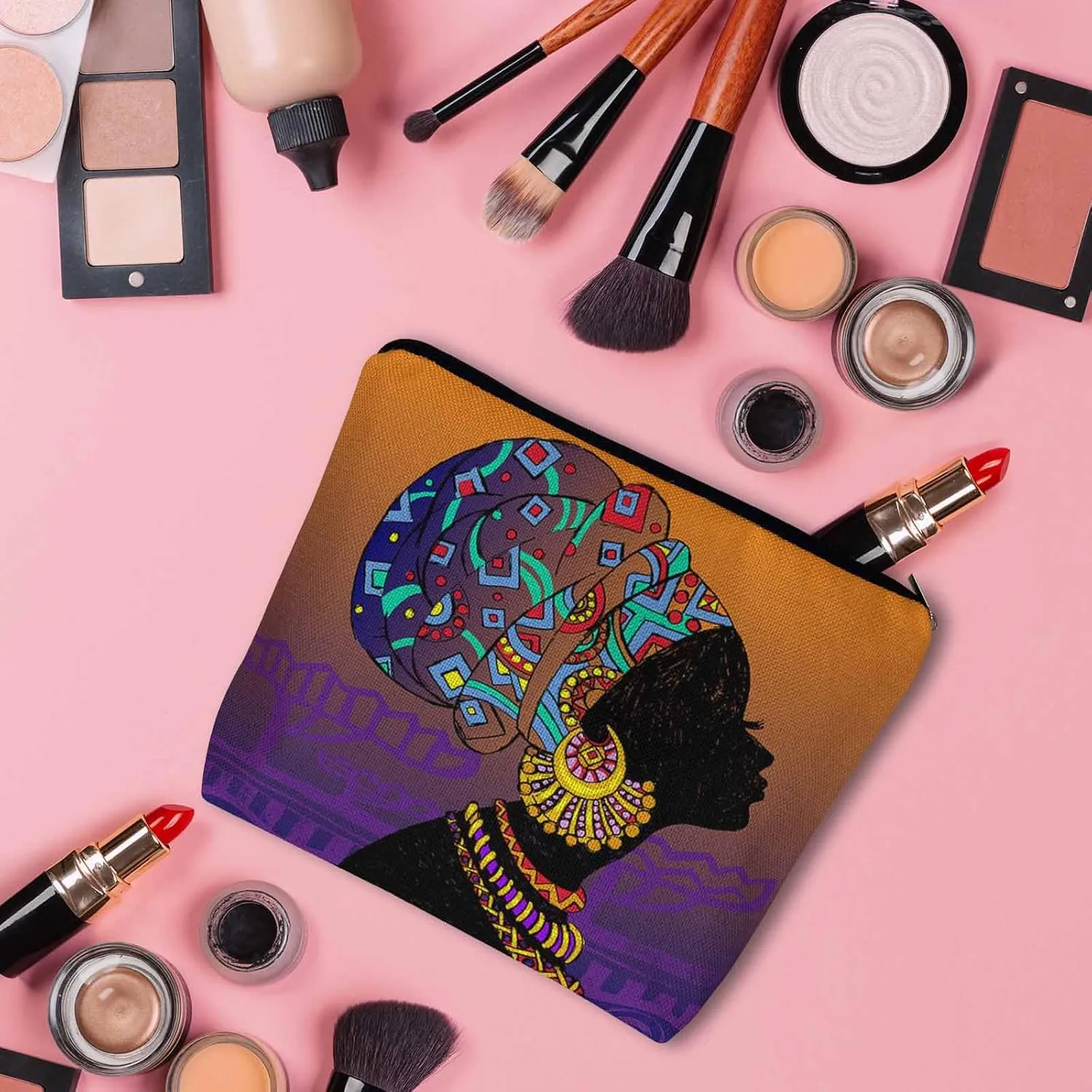 Makeup Bag African Woman Makeup Bags For Purse Pouch, Traditional Black African Woman Travel Toiletry Bag Cosmetic Bag Makeup Bags Flax Makeup Organizer Bag Pencil Pouch For Man Woman