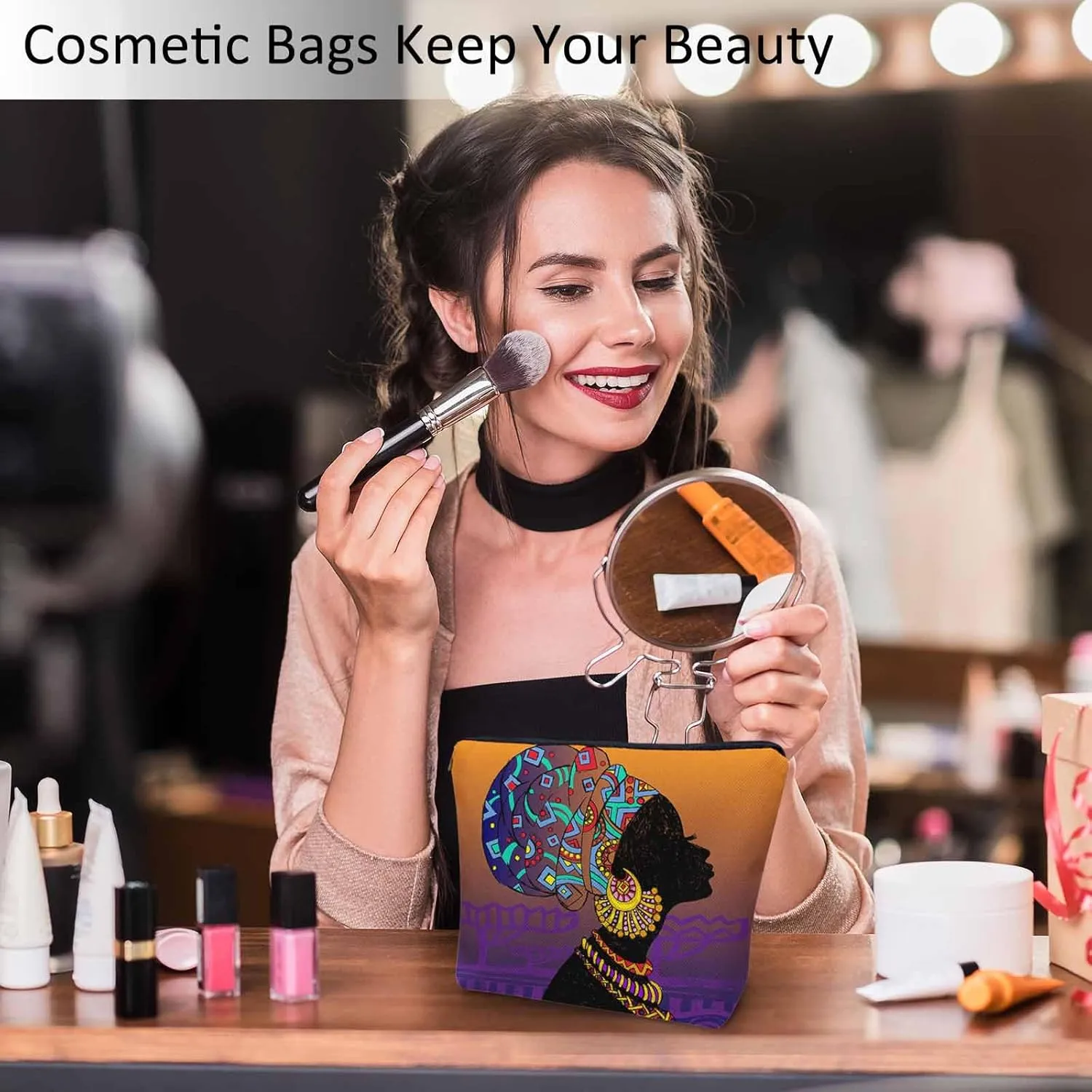 Makeup Bag African Woman Makeup Bags For Purse Pouch, Traditional Black African Woman Travel Toiletry Bag Cosmetic Bag Makeup Bags Flax Makeup Organizer Bag Pencil Pouch For Man Woman