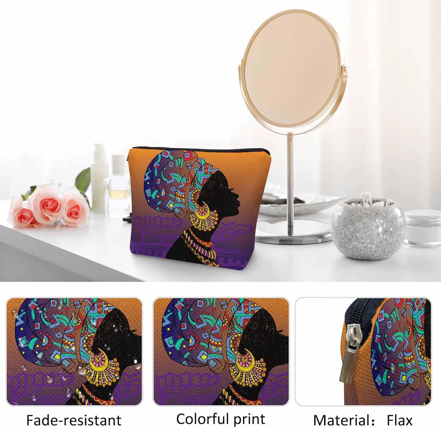 Makeup Bag African Woman Makeup Bags For Purse Pouch, Traditional Black African Woman Travel Toiletry Bag Cosmetic Bag Makeup Bags Flax Makeup Organizer Bag Pencil Pouch For Man Woman