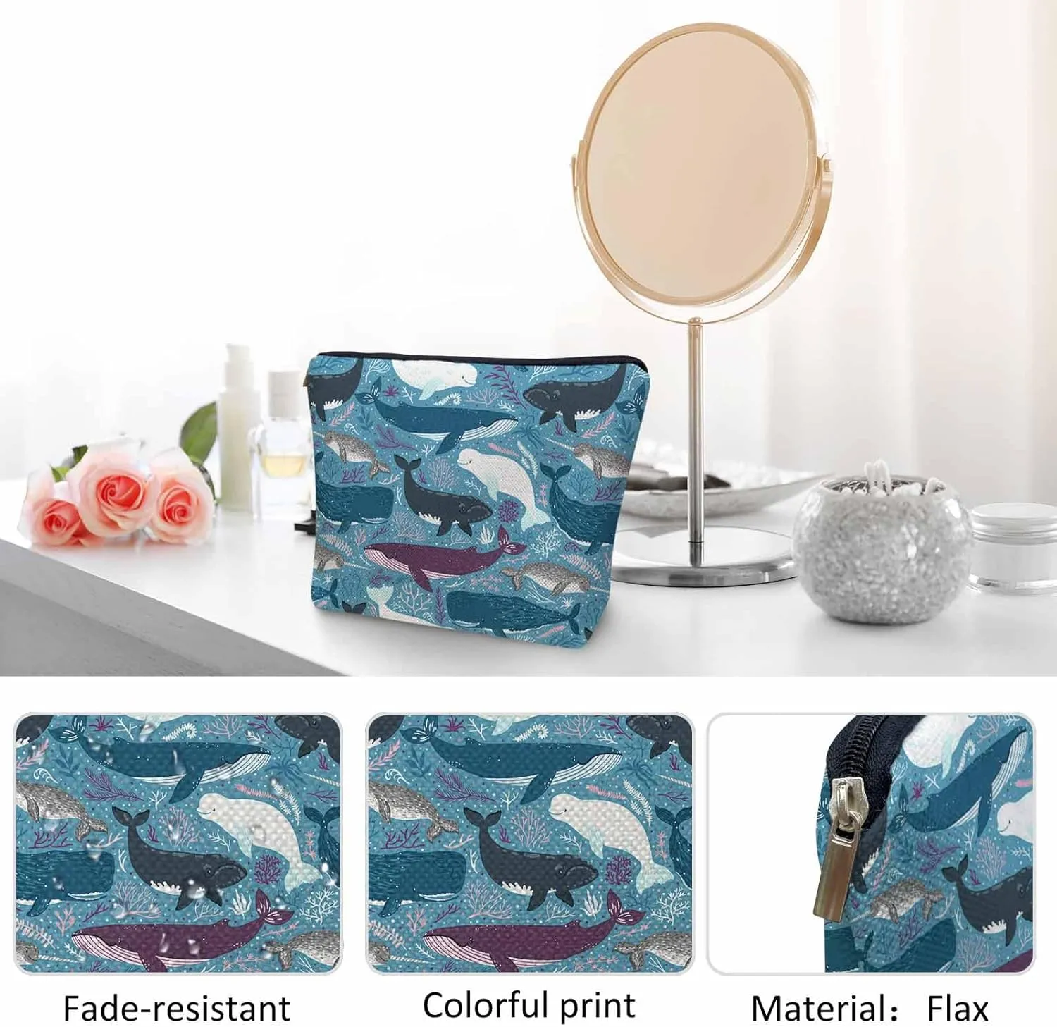 Makeup Bag Whale Makeup Bags For Purse Pouch, Ocean Sea Whales Humpback Whale Dolphin Travel Toiletry Bag Cosmetic Bag Makeup Bags Flax Makeup Organizer Bag Pencil Pouch For Man Woman Blue