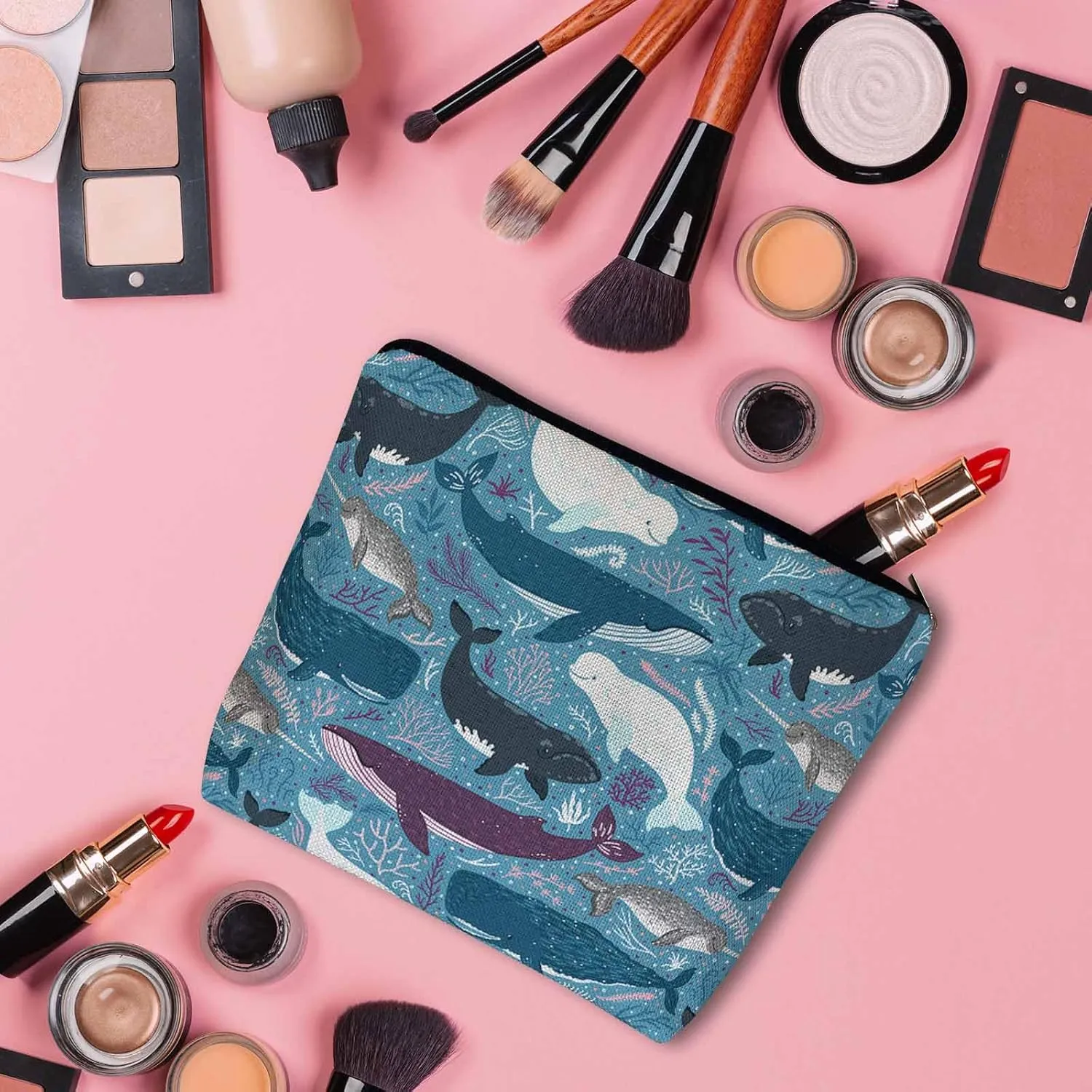 Makeup Bag Whale Makeup Bags For Purse Pouch, Ocean Sea Whales Humpback Whale Dolphin Travel Toiletry Bag Cosmetic Bag Makeup Bags Flax Makeup Organizer Bag Pencil Pouch For Man Woman Blue