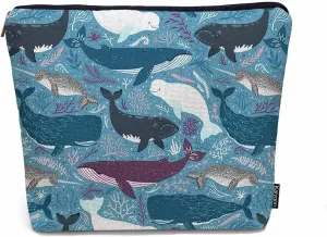 Makeup Bag Whale Makeup Bags For Purse Pouch, Ocean Sea Whales Humpback Whale Dolphin Travel Toiletry Bag Cosmetic Bag Makeup Bags Flax Makeup Organizer Bag Pencil Pouch For Man Woman Blue