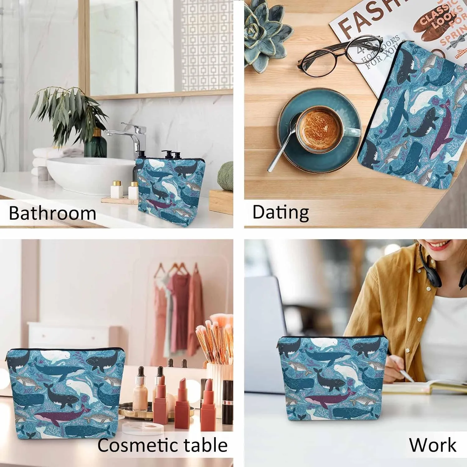 Makeup Bag Whale Makeup Bags For Purse Pouch, Ocean Sea Whales Humpback Whale Dolphin Travel Toiletry Bag Cosmetic Bag Makeup Bags Flax Makeup Organizer Bag Pencil Pouch For Man Woman Blue