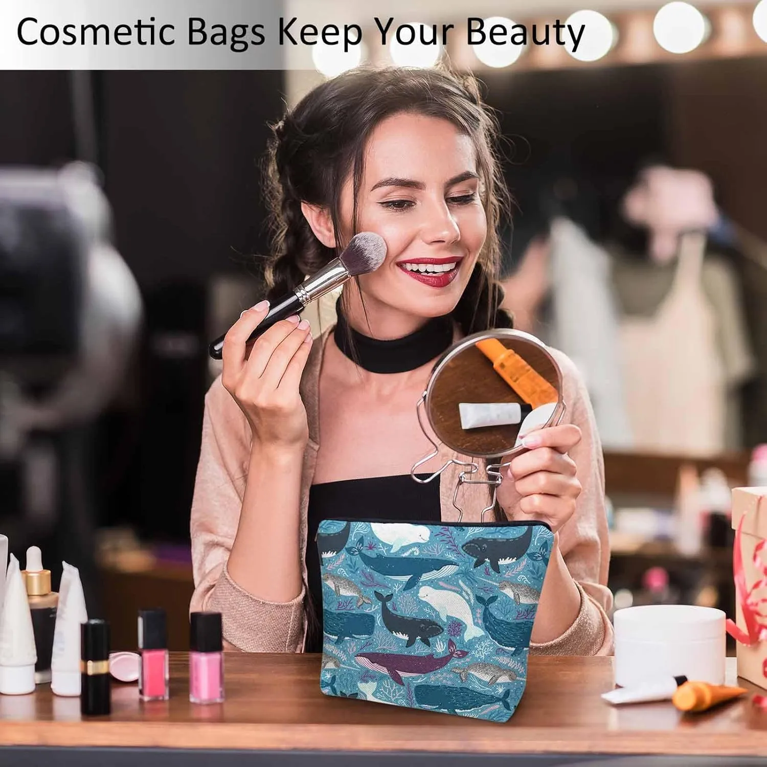 Makeup Bag Whale Makeup Bags For Purse Pouch, Ocean Sea Whales Humpback Whale Dolphin Travel Toiletry Bag Cosmetic Bag Makeup Bags Flax Makeup Organizer Bag Pencil Pouch For Man Woman Blue