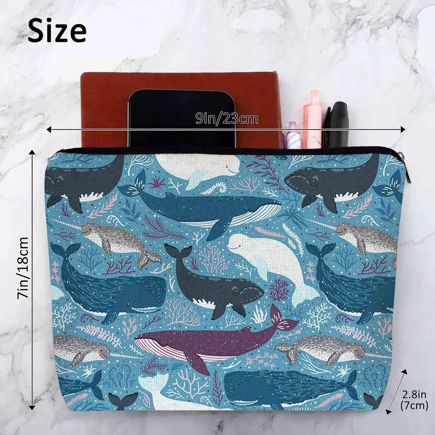 Makeup Bag Whale Makeup Bags For Purse Pouch, Ocean Sea Whales Humpback Whale Dolphin Travel Toiletry Bag Cosmetic Bag Makeup Bags Flax Makeup Organizer Bag Pencil Pouch For Man Woman Blue
