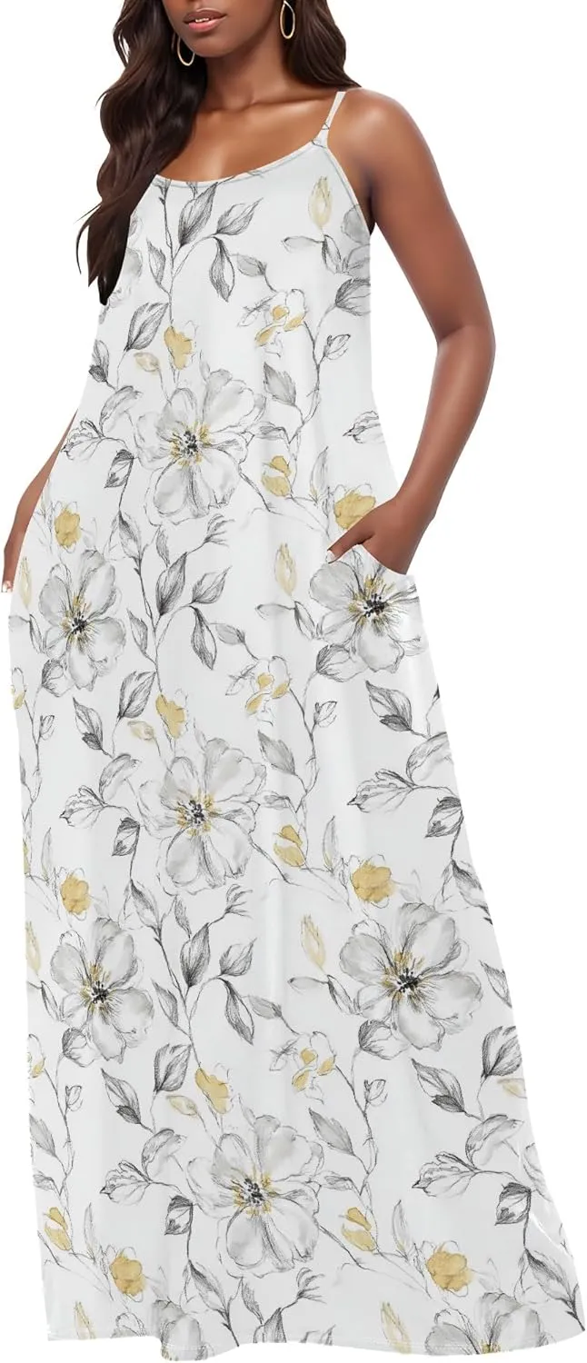 MARSVOVO Summer Dress Sleeveless Fashion Plus Size Spaghetti Strap Sundress with Pockets Plus Size Maxi Dress