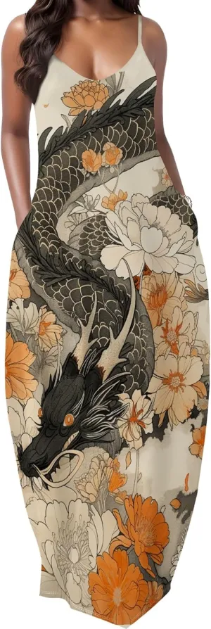MARSVOVO Summer Dress Sleeveless Fashion Plus Size Spaghetti Strap Sundress with Pockets Plus Size Maxi Dress