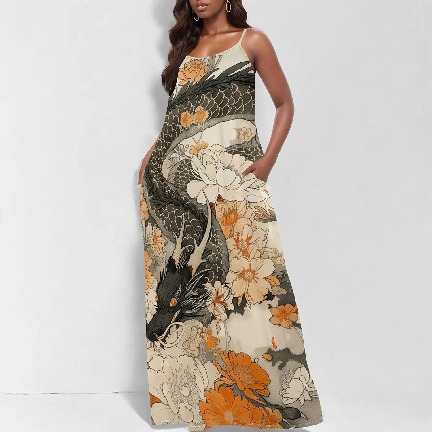 MARSVOVO Summer Dress Sleeveless Fashion Plus Size Spaghetti Strap Sundress with Pockets Plus Size Maxi Dress