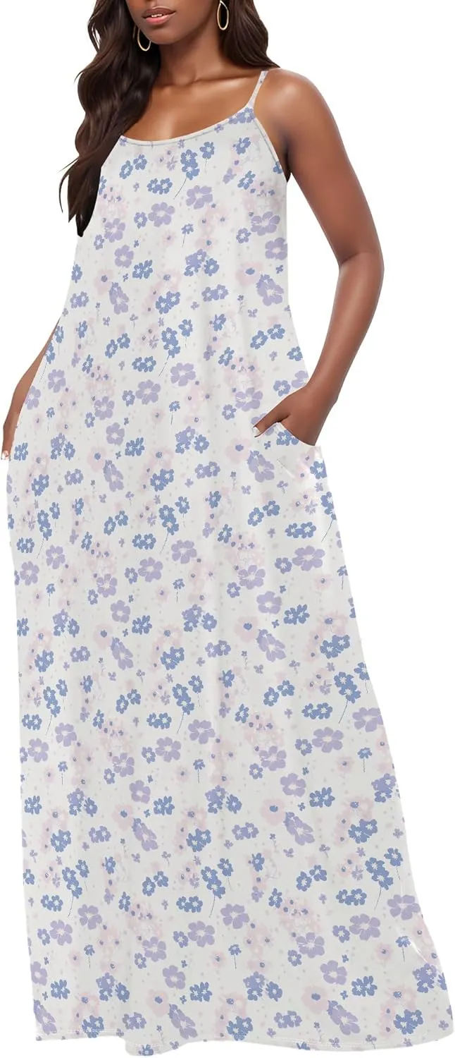 MARSVOVO Summer Dress Sleeveless Fashion Plus Size Spaghetti Strap Sundress with Pockets Plus Size Maxi Dress