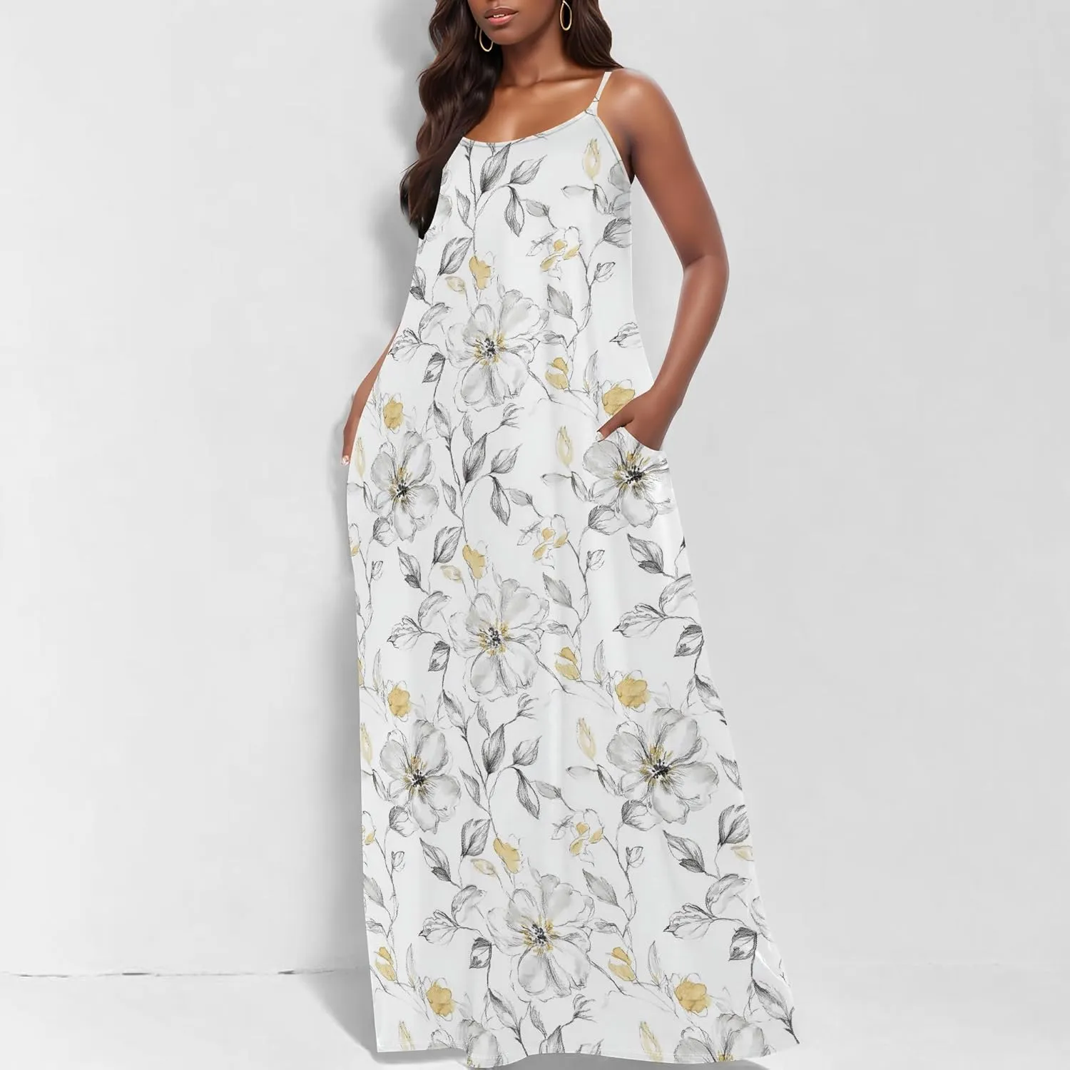 MARSVOVO Summer Dress Sleeveless Fashion Plus Size Spaghetti Strap Sundress with Pockets Plus Size Maxi Dress