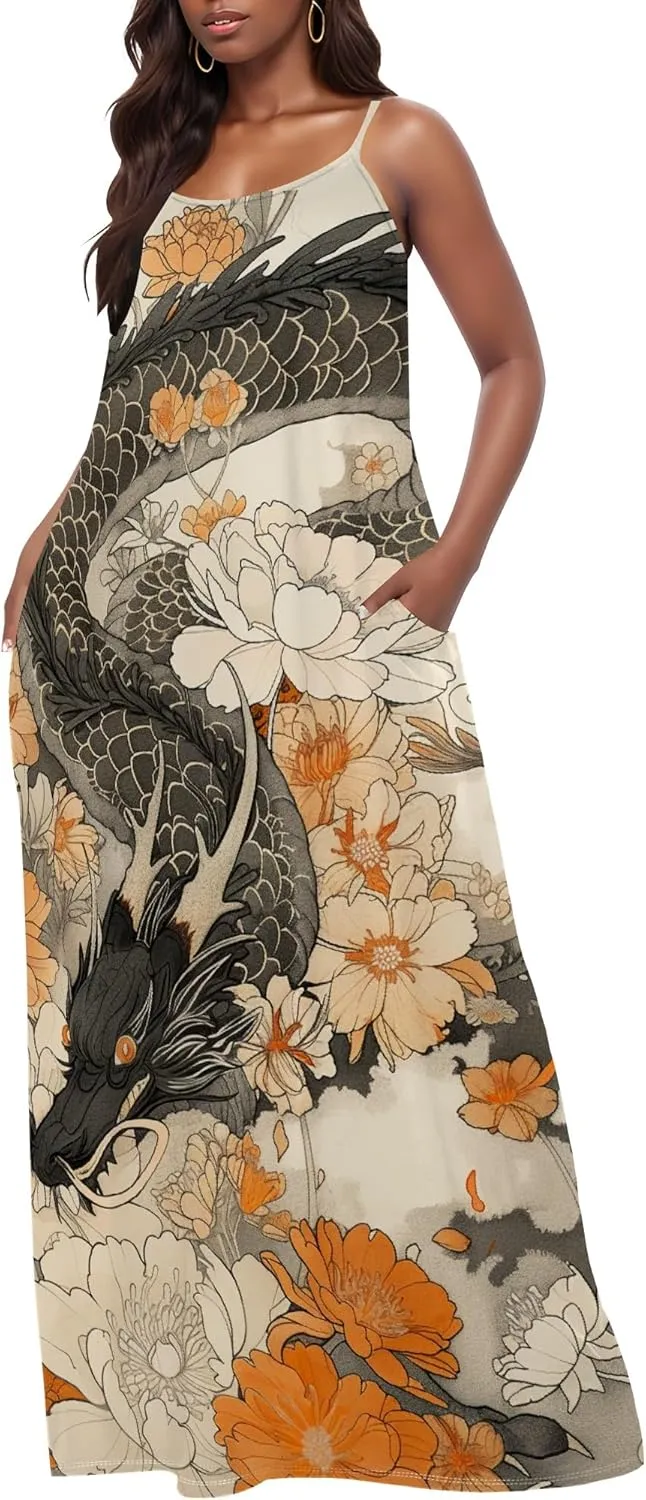 MARSVOVO Summer Dress Sleeveless Fashion Plus Size Spaghetti Strap Sundress with Pockets Plus Size Maxi Dress