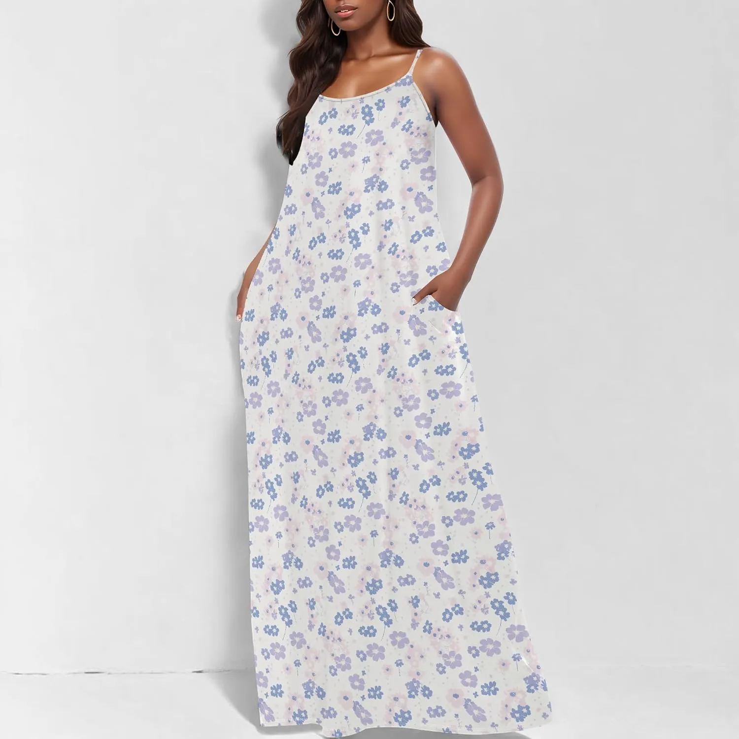 MARSVOVO Summer Dress Sleeveless Fashion Plus Size Spaghetti Strap Sundress with Pockets Plus Size Maxi Dress