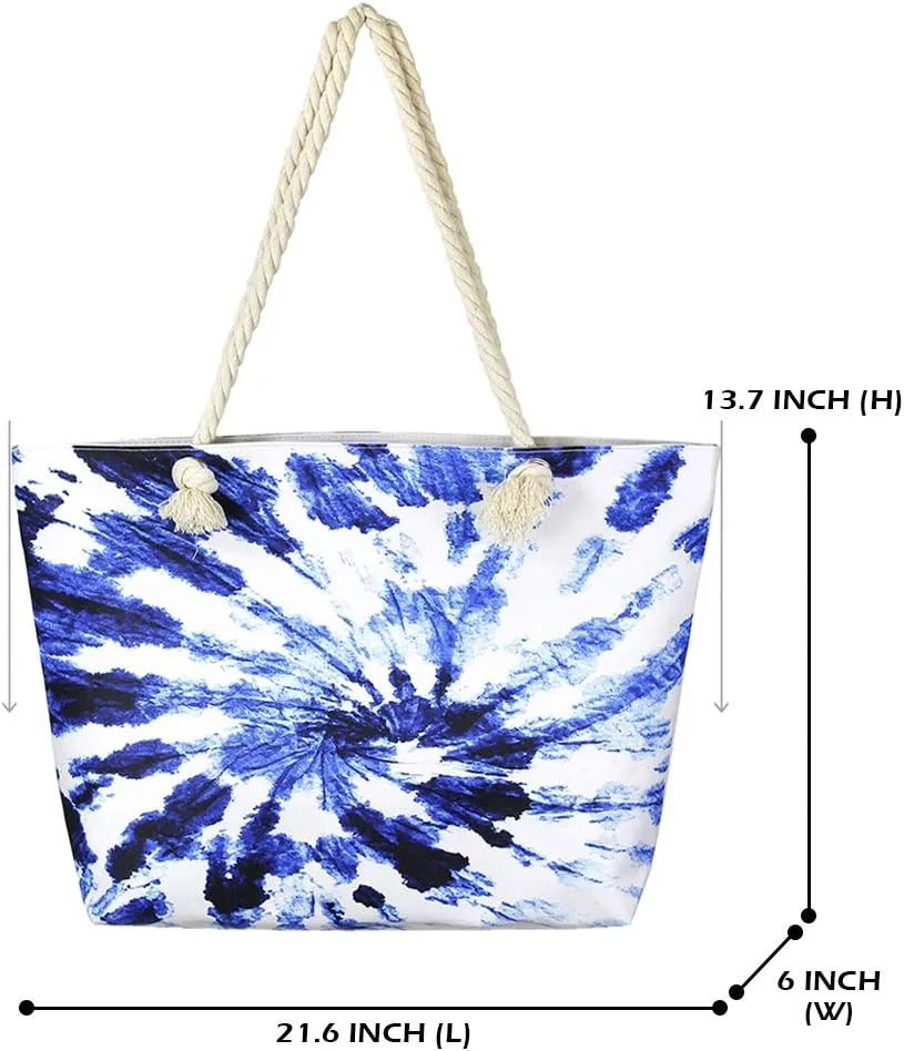 Me Plus Women Summer Large Beach Tote Bag Top Zipper Closure Braided Rope Handles Inner Pocket