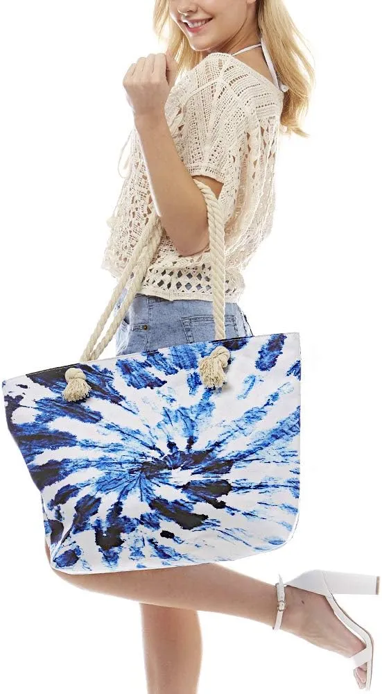 Me Plus Women Summer Large Beach Tote Bag Top Zipper Closure Braided Rope Handles Inner Pocket