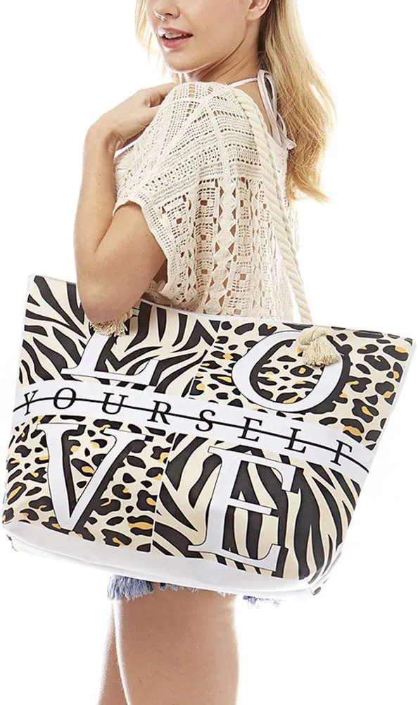 Me Plus Women Summer Large Beach Tote Bag Top Zipper Closure Braided Rope Handles Inner Pocket