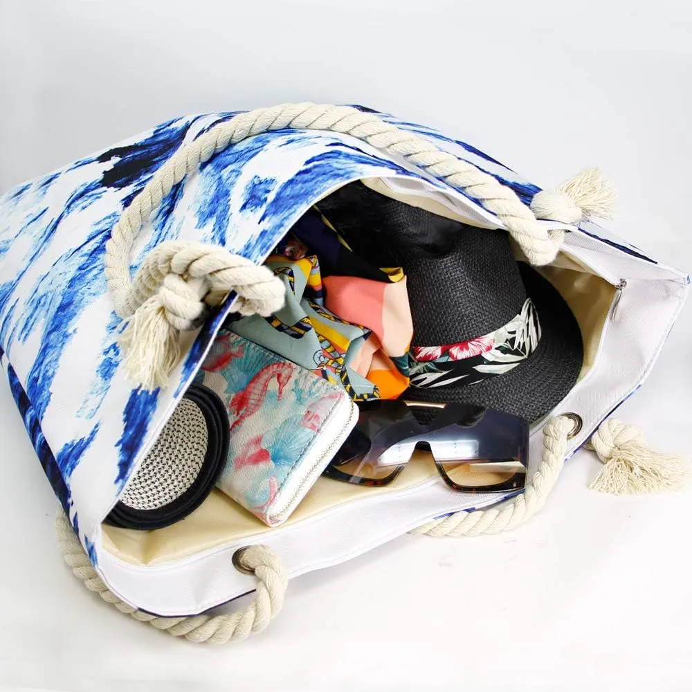Me Plus Women Summer Large Beach Tote Bag Top Zipper Closure Braided Rope Handles Inner Pocket