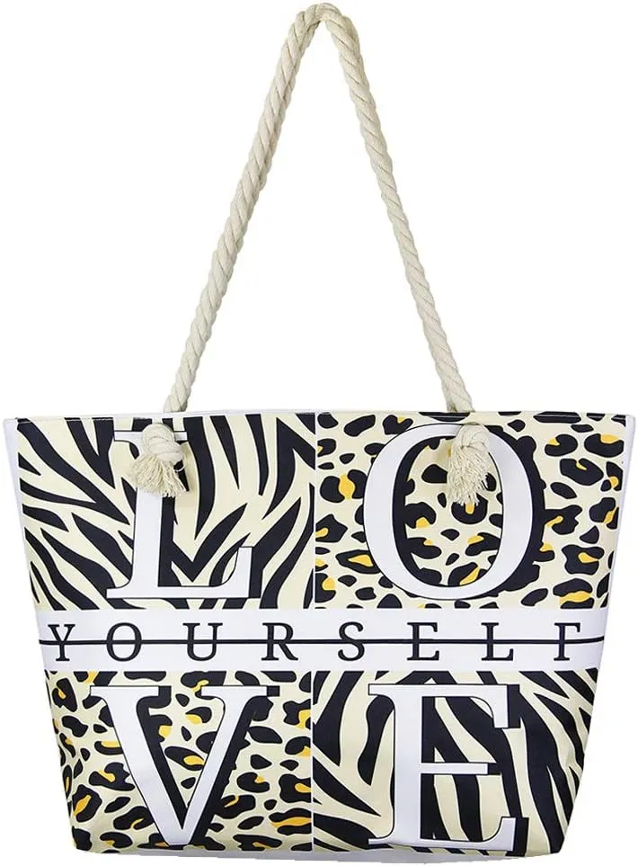 Me Plus Women Summer Large Beach Tote Bag Top Zipper Closure Braided Rope Handles Inner Pocket