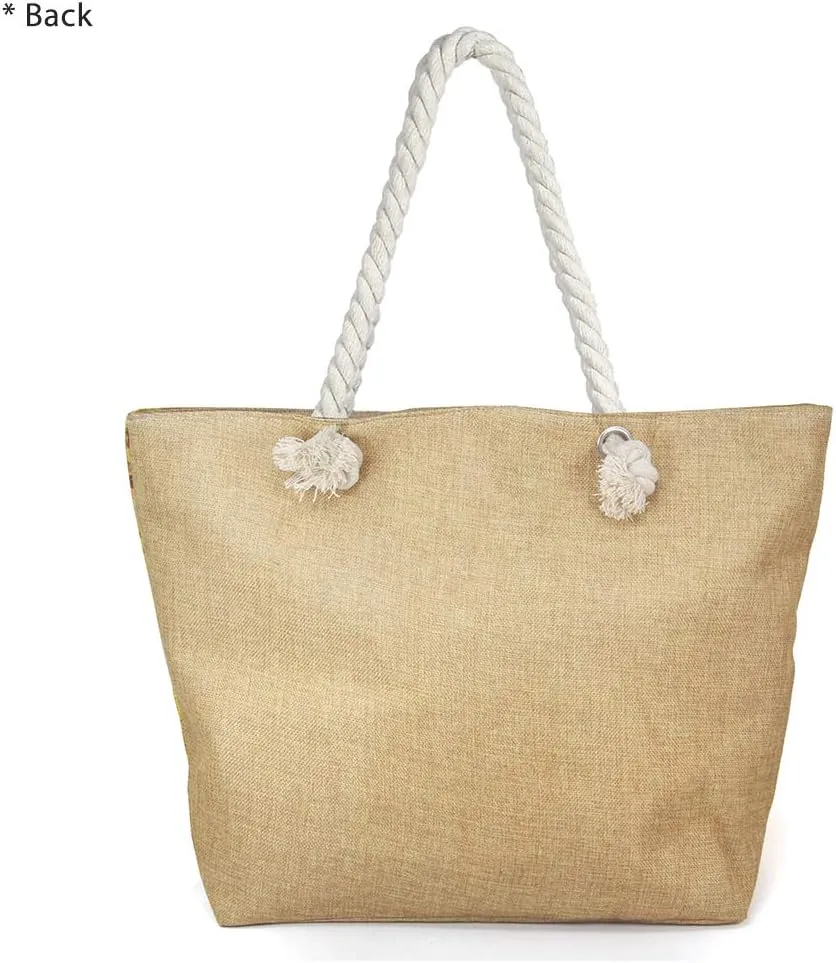 Me Plus Women Summer Large Beach Tote Bag Top Zipper Closure Braided Rope Handles Inner Pocket