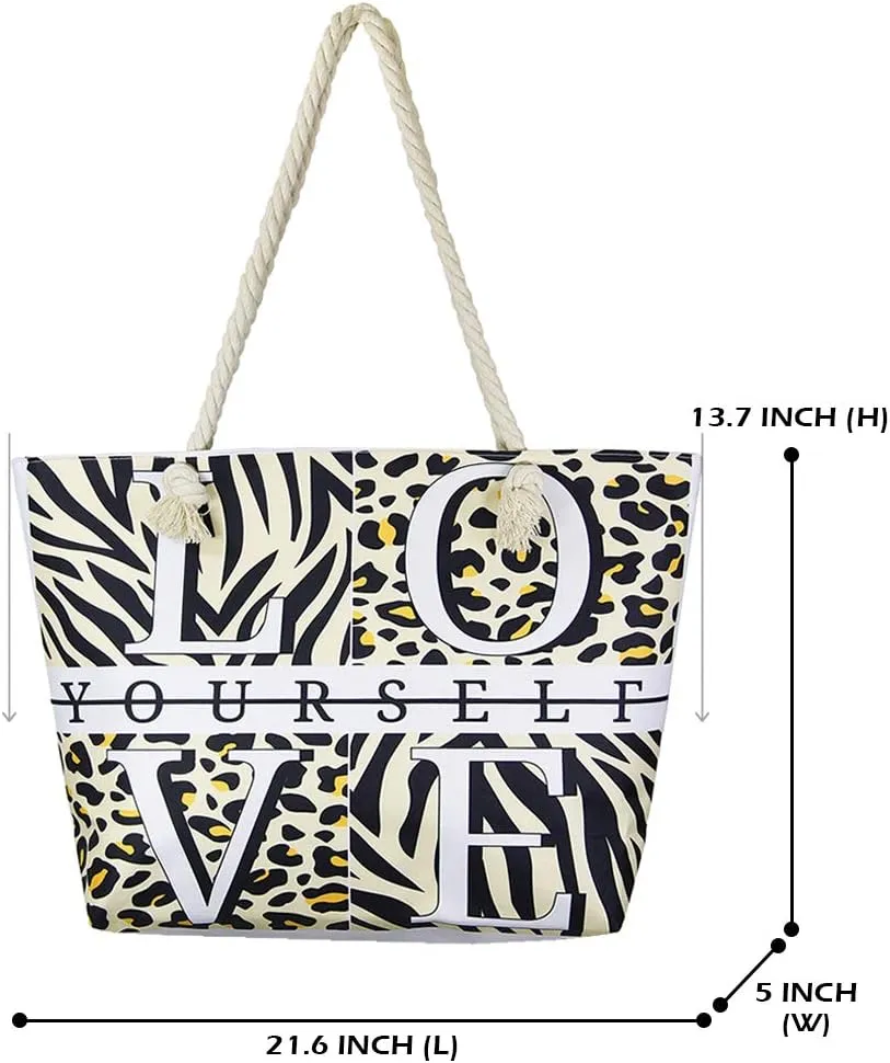 Me Plus Women Summer Large Beach Tote Bag Top Zipper Closure Braided Rope Handles Inner Pocket