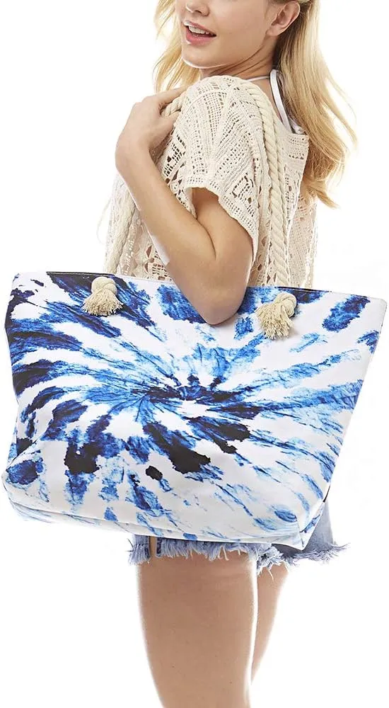 Me Plus Women Summer Large Beach Tote Bag Top Zipper Closure Braided Rope Handles Inner Pocket