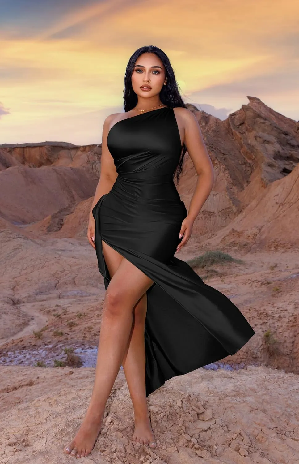 Memoriesea Women's Plus Size Satin Sexy One Shoulder High Split Cocktail Wedding Party Maxi Dress