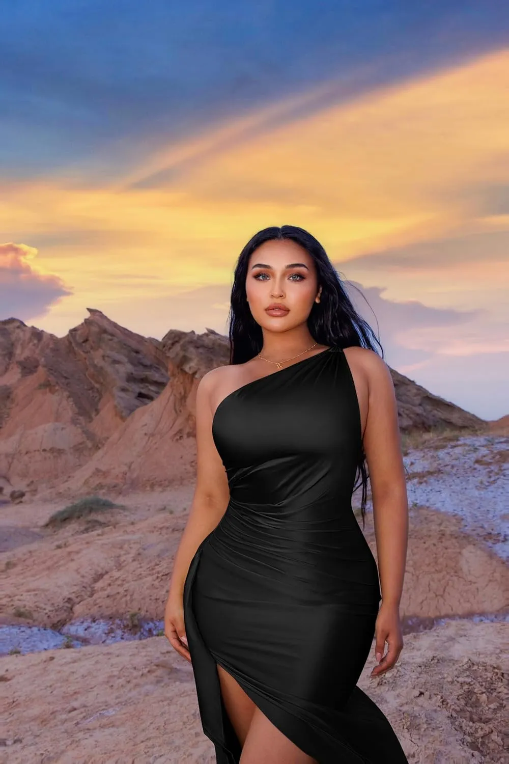 Memoriesea Women's Plus Size Satin Sexy One Shoulder High Split Cocktail Wedding Party Maxi Dress