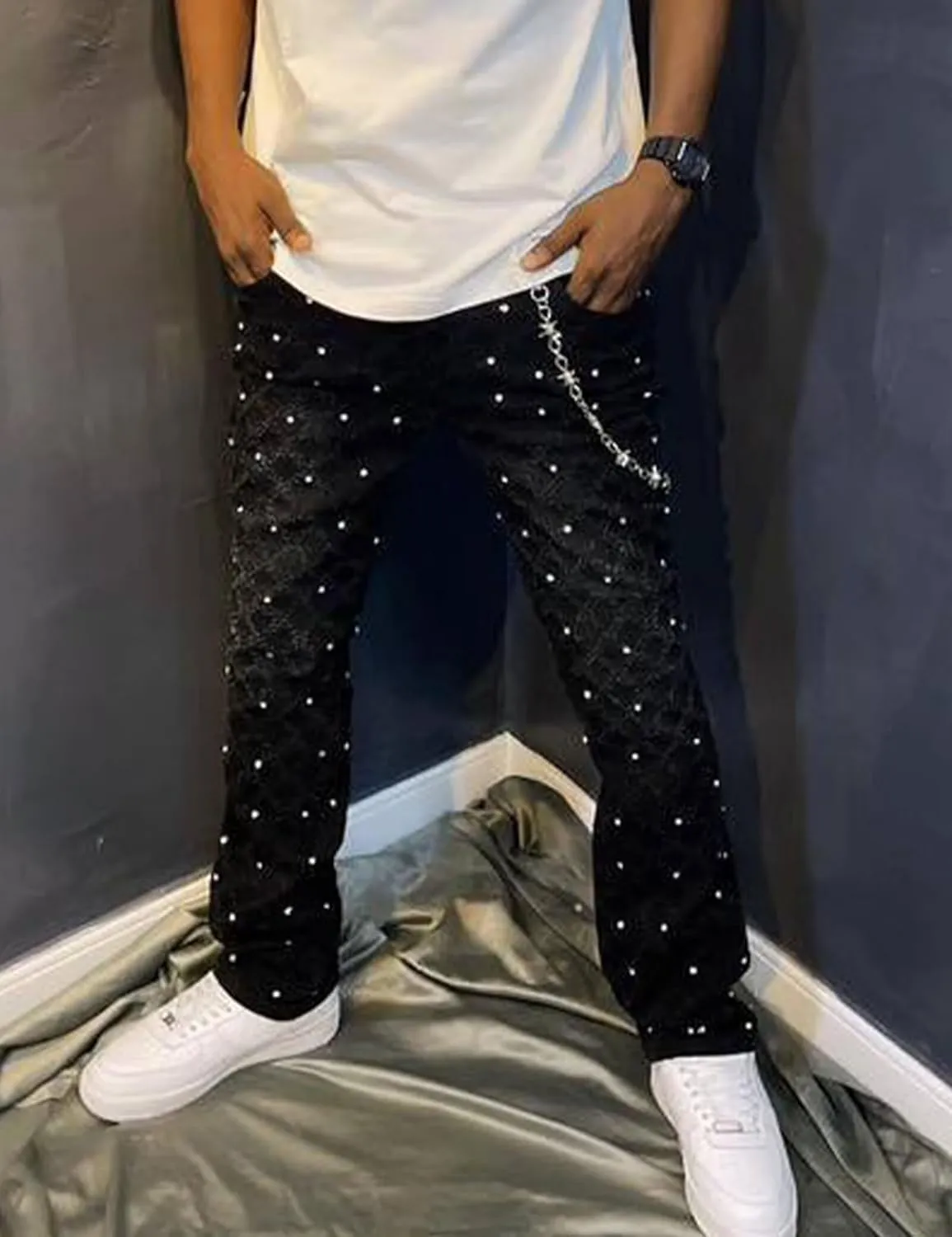 Men Rhinestone Skinny Ripped Jeans Y2k Stretch Slim Fit Stacked Jeans Grunge Denim Pants