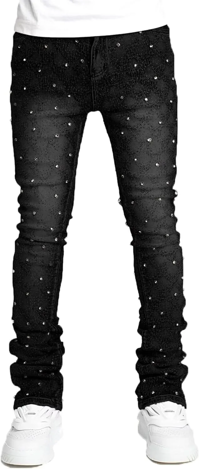 Men Rhinestone Skinny Ripped Jeans Y2k Stretch Slim Fit Stacked Jeans Grunge Denim Pants