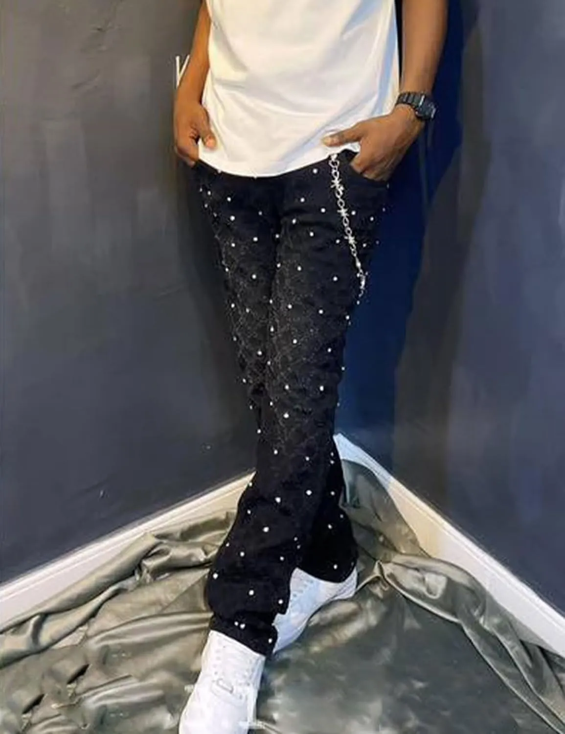 Men Rhinestone Skinny Ripped Jeans Y2k Stretch Slim Fit Stacked Jeans Grunge Denim Pants