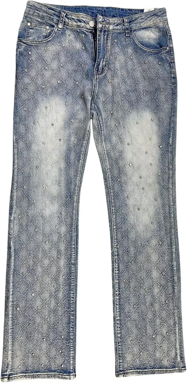 Men Rhinestone Skinny Ripped Jeans Y2k Stretch Slim Fit Stacked Jeans Grunge Denim Pants