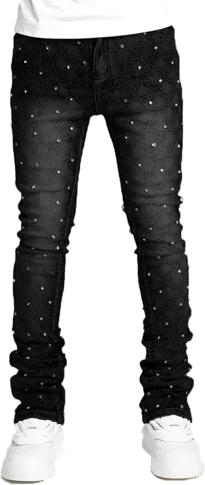 Men Rhinestone Skinny Ripped Jeans Y2k Stretch Slim Fit Stacked Jeans Grunge Denim Pants