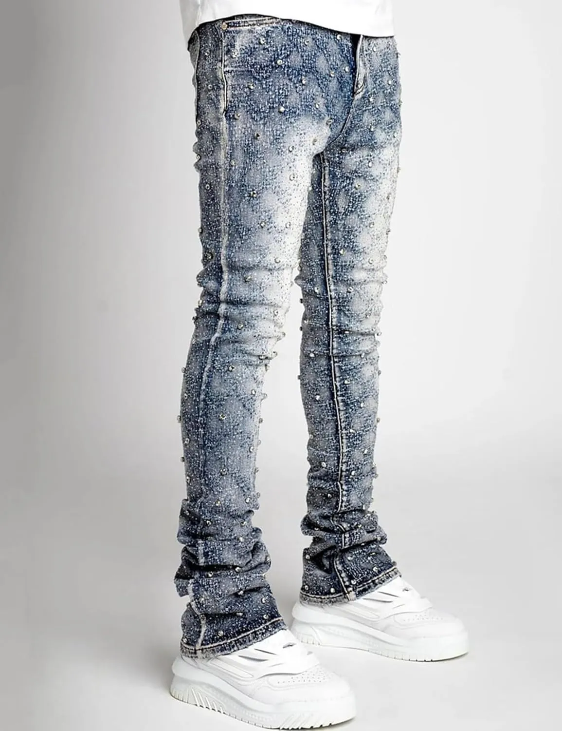 Men Rhinestone Skinny Ripped Jeans Y2k Stretch Slim Fit Stacked Jeans Grunge Denim Pants