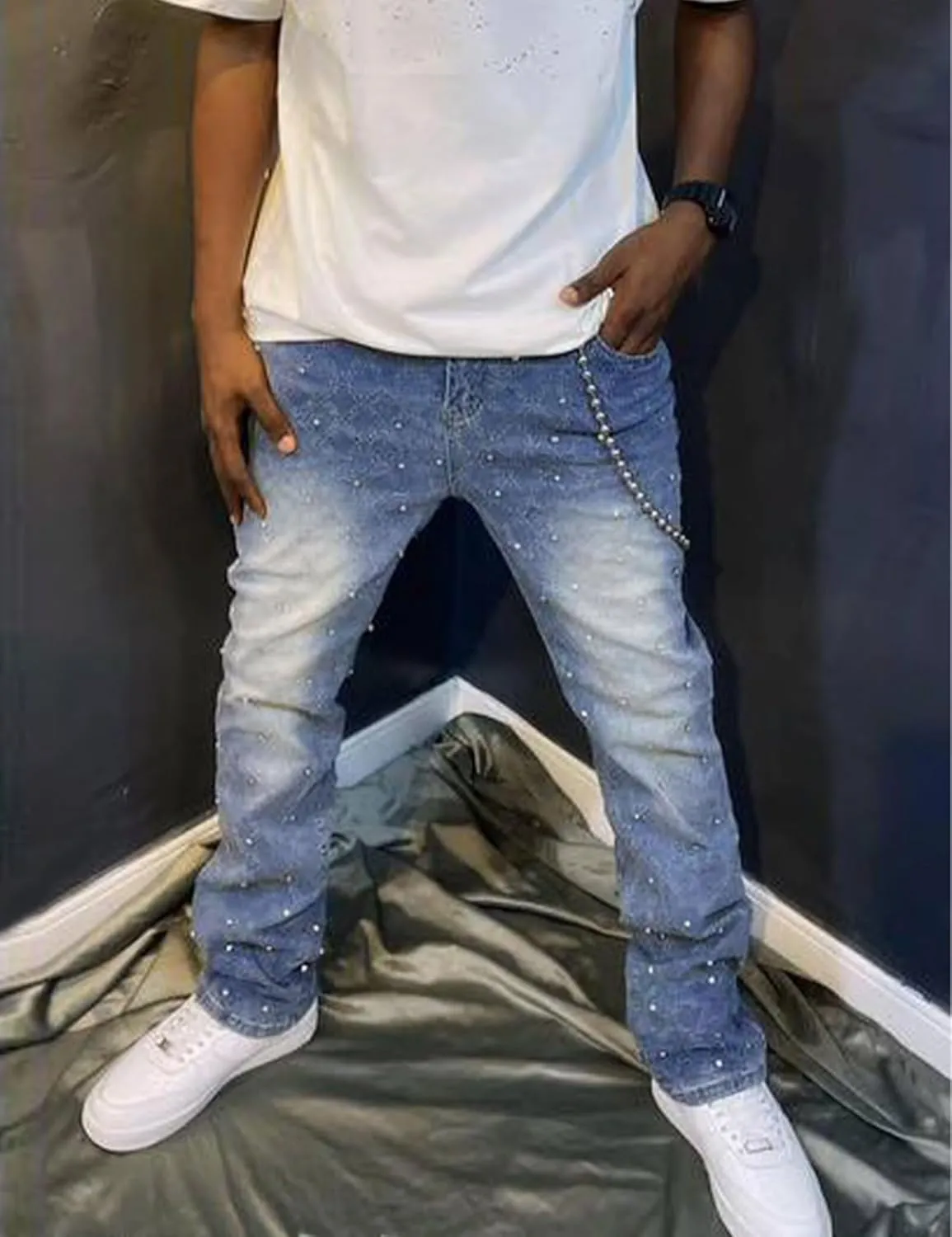 Men Rhinestone Skinny Ripped Jeans Y2k Stretch Slim Fit Stacked Jeans Grunge Denim Pants