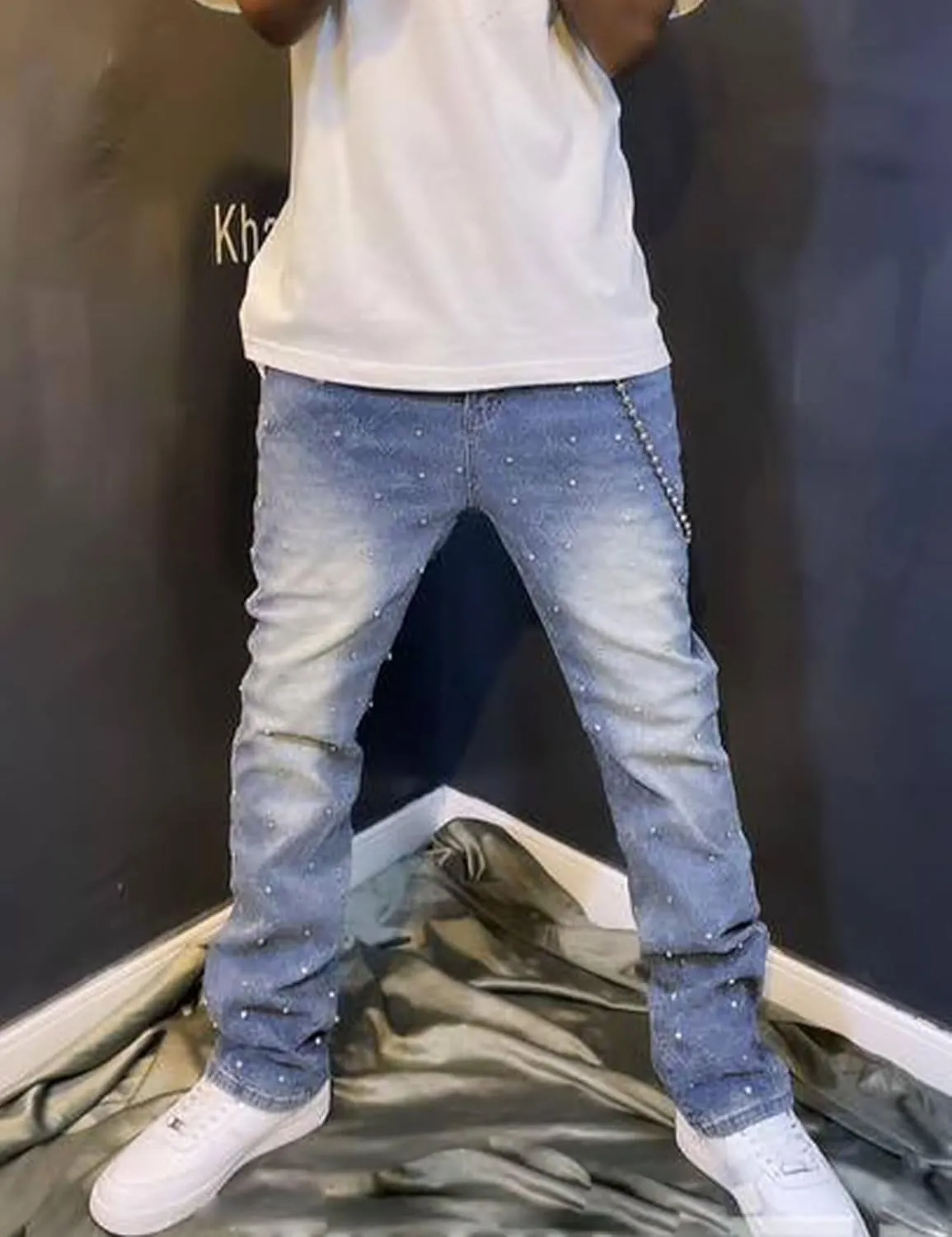 Men Rhinestone Skinny Ripped Jeans Y2k Stretch Slim Fit Stacked Jeans Grunge Denim Pants