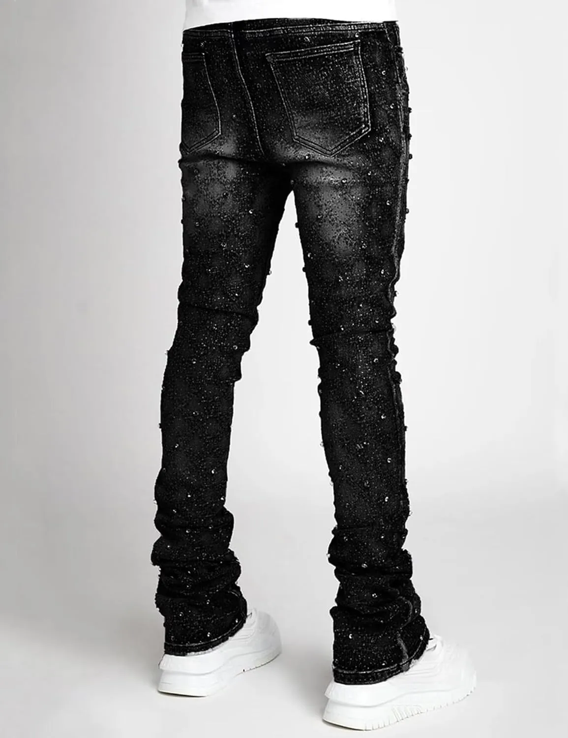 Men Rhinestone Skinny Ripped Jeans Y2k Stretch Slim Fit Stacked Jeans Grunge Denim Pants