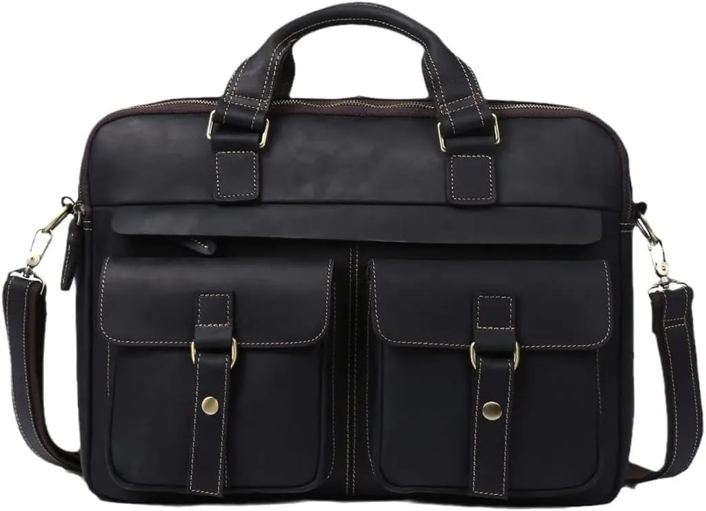 Men's Briefcases Crazy Horse Leather Shoulder Messenger Bags Portfolio 15.6" 17" Laptop Business Office Document Bags
