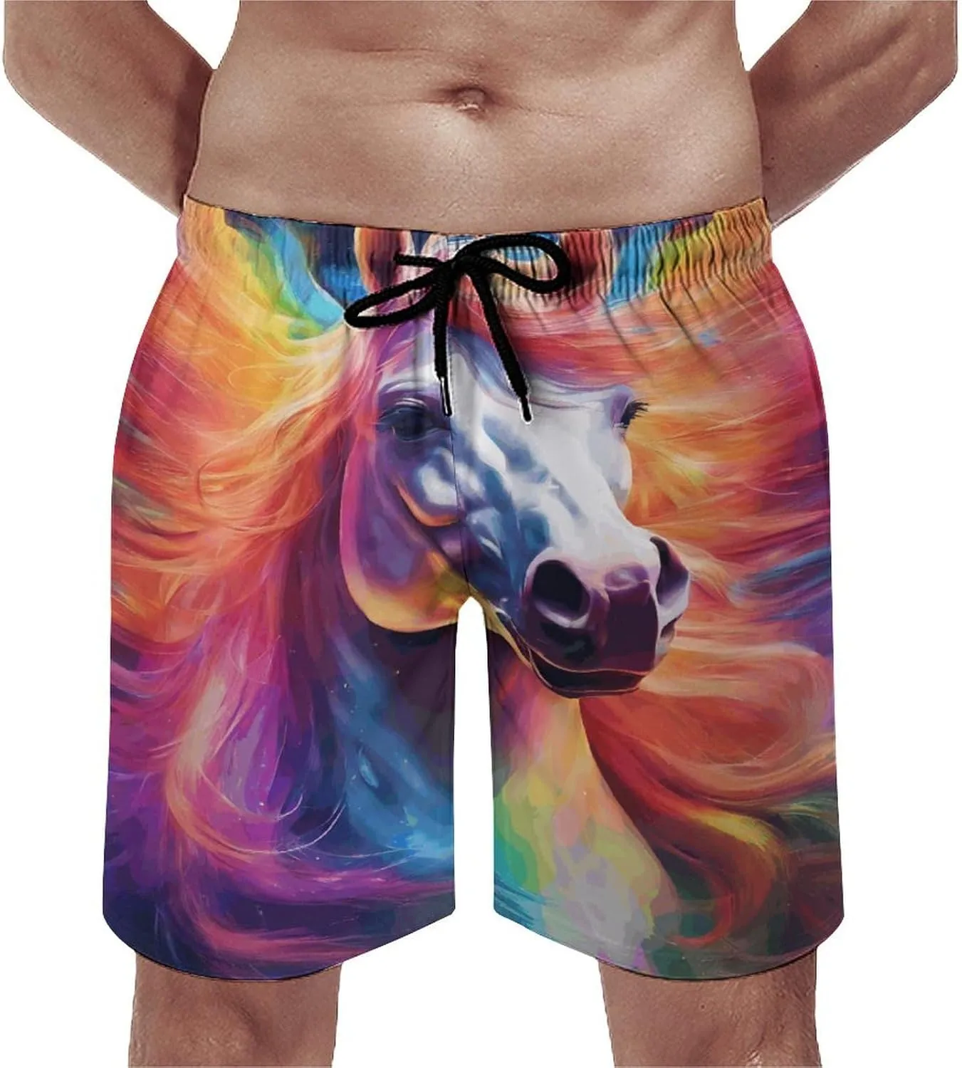 Men's Colorful Horses Swim Trunks Hawaiian Bathing Mesh Lining Suit Swimsuits Beach Shorts with Pockets Novelty