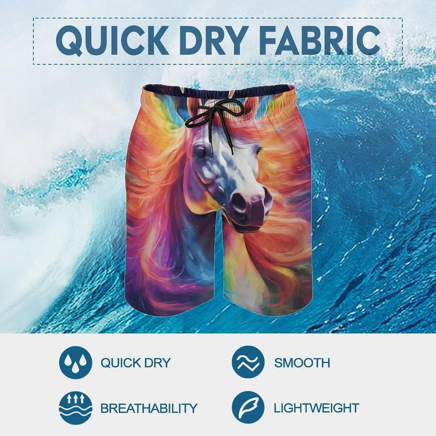 Men's Colorful Horses Swim Trunks Hawaiian Bathing Mesh Lining Suit Swimsuits Beach Shorts with Pockets Novelty