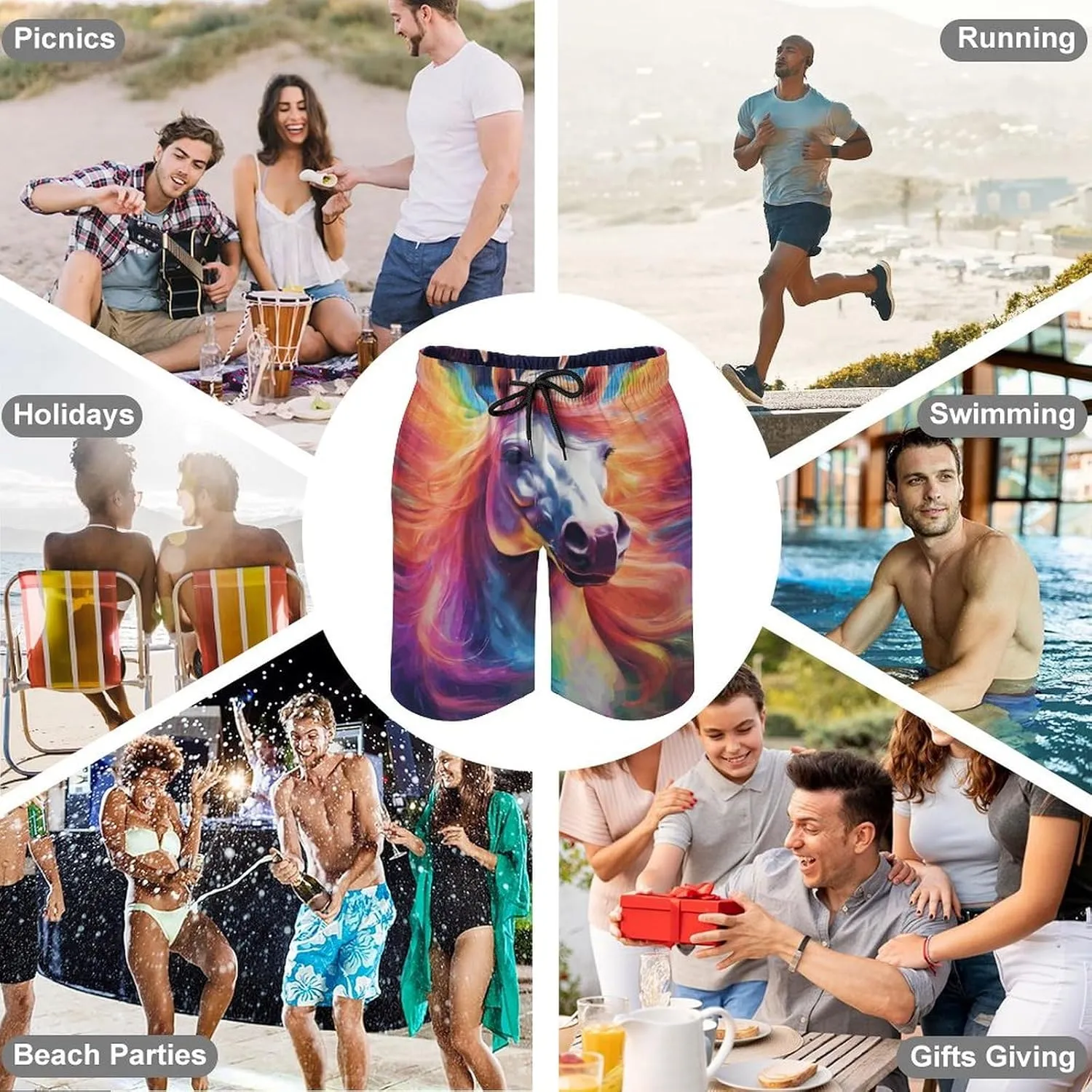 Men's Colorful Horses Swim Trunks Hawaiian Bathing Mesh Lining Suit Swimsuits Beach Shorts with Pockets Novelty