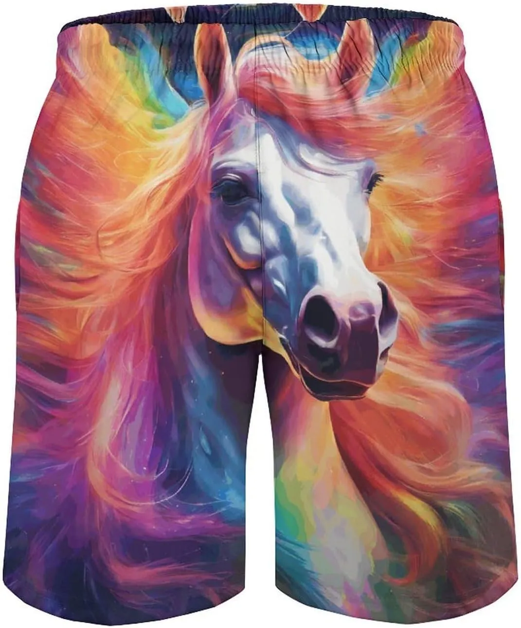 Men's Colorful Horses Swim Trunks Hawaiian Bathing Mesh Lining Suit Swimsuits Beach Shorts with Pockets Novelty