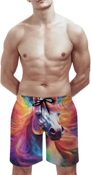 Men's Colorful Horses Swim Trunks Hawaiian Bathing Mesh Lining Suit Swimsuits Beach Shorts with Pockets Novelty