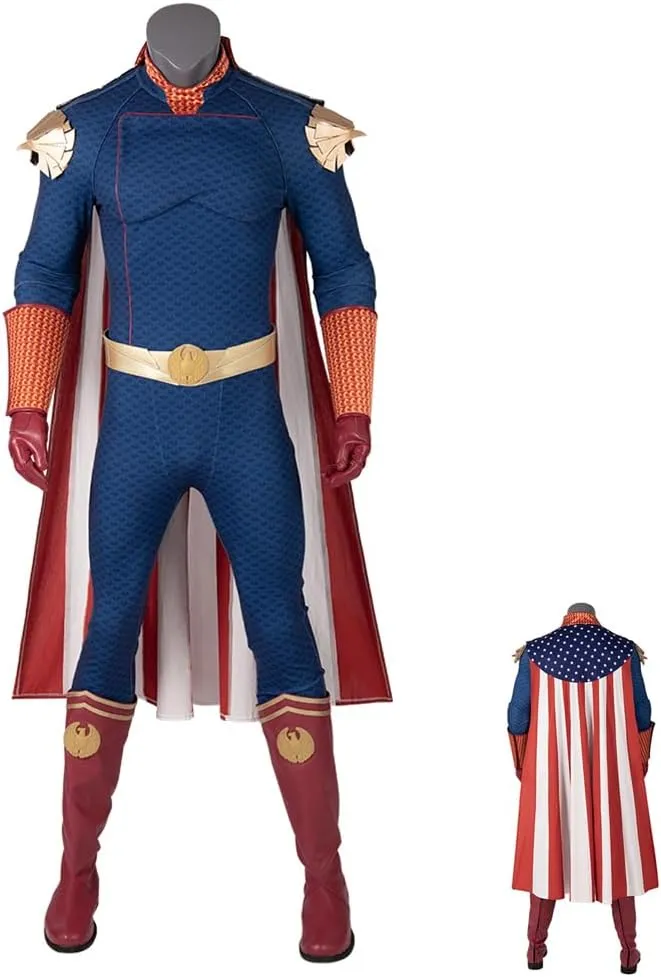 Mens Homelander Cosplay Costume, Homelander Luxury Battle Uniform Bodysuit with Cloak Boots for Halloween Party