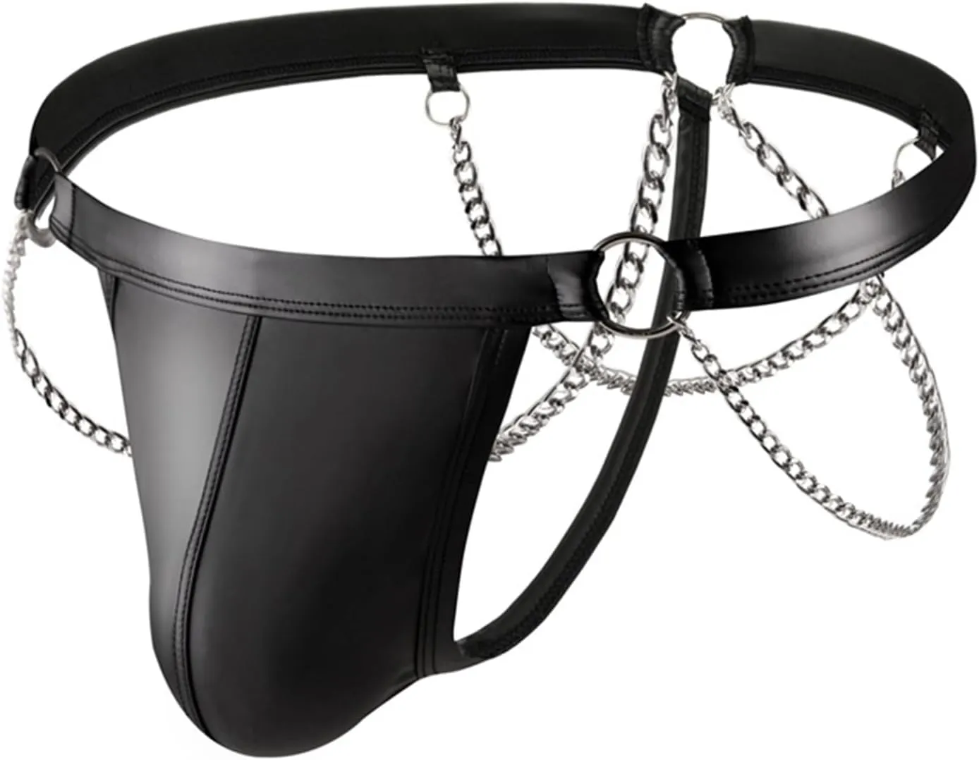 Men's Jockstrap Underwear Faux Leather G-String Thong Metal Chains Panties Bulge Pouch Briefs