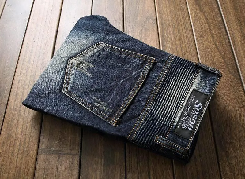 Men's Pleated Slim Fit Biker Jeans