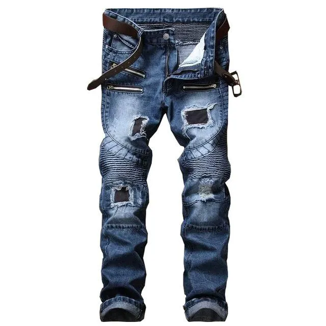 Men's Pleated Slim Fit Biker Jeans