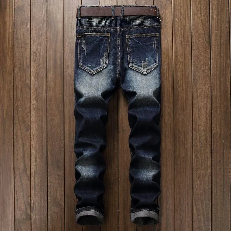 Men's Pleated Slim Fit Biker Jeans